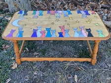 Hand Painted Coffee Table * CATS * One Of A Kind * Signed * Moon and STARS