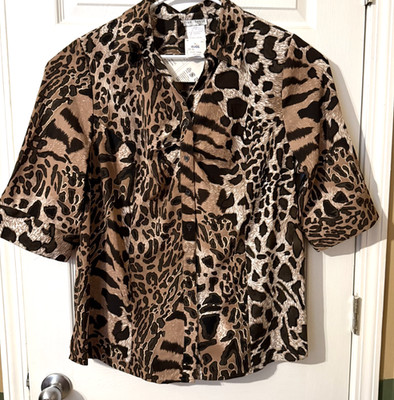 Fred David Cheetah Animal Womens 1X 3/4 Sleeve Button Down Pleated bustline New