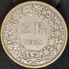 1921 B Switzerland 2 Francs Silver Coin 10g .835 Silver