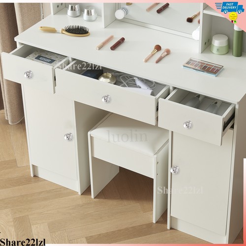 Set sgabello tavolo trucco vanità con specchio luce e armadi cassetti spogliatoio - Foto 7 di 13
