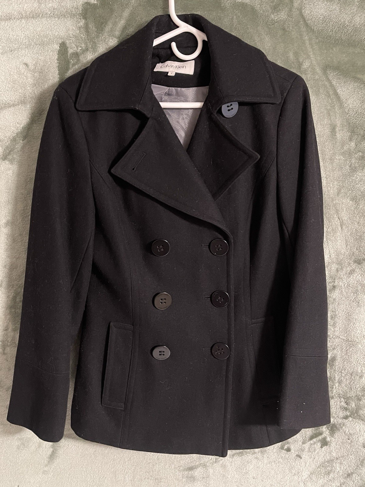Calvin Klein Women's Black Pea Coat Size 8 Double Breasted Collared Pockets