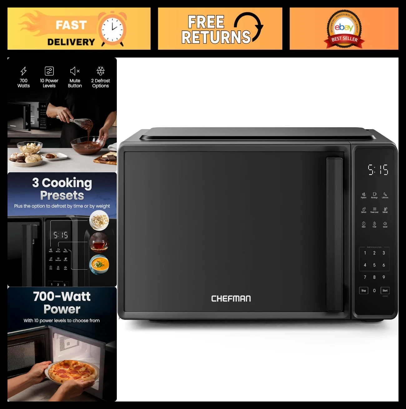 Countertop Microwave Oven 0.7 Cu. Ft., 700W, 10 Power Levels, 6 Cooking Presets,