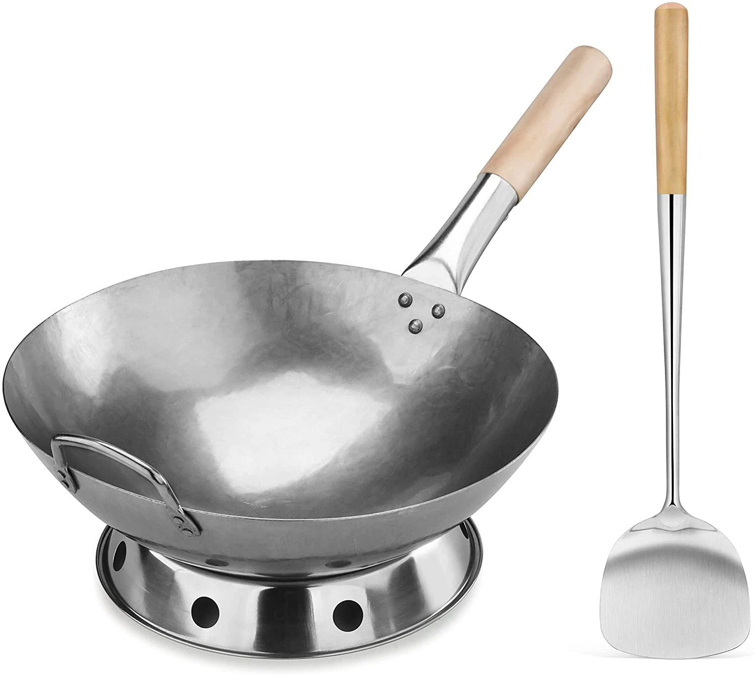 Hand Hammered 14" Carbon Steel Wok Set with Helper Handle & Spatula Included