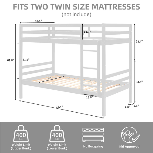 Twin over Twin Bunk Bed with Ladder,Wooden Bunk Bed Frame with High Guardrail - Picture 5 of 11