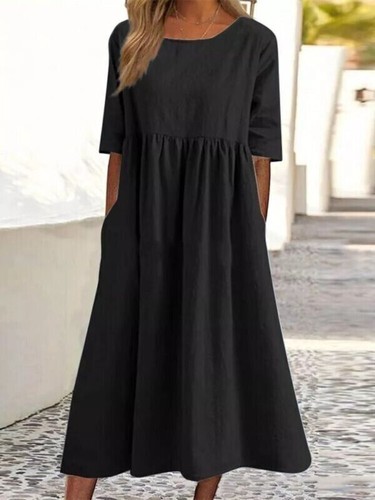 Baggy Solid Swing Dresses Short Sleeve Midi Dress Ladies Womens Pleated Casual - Picture 4 of 14