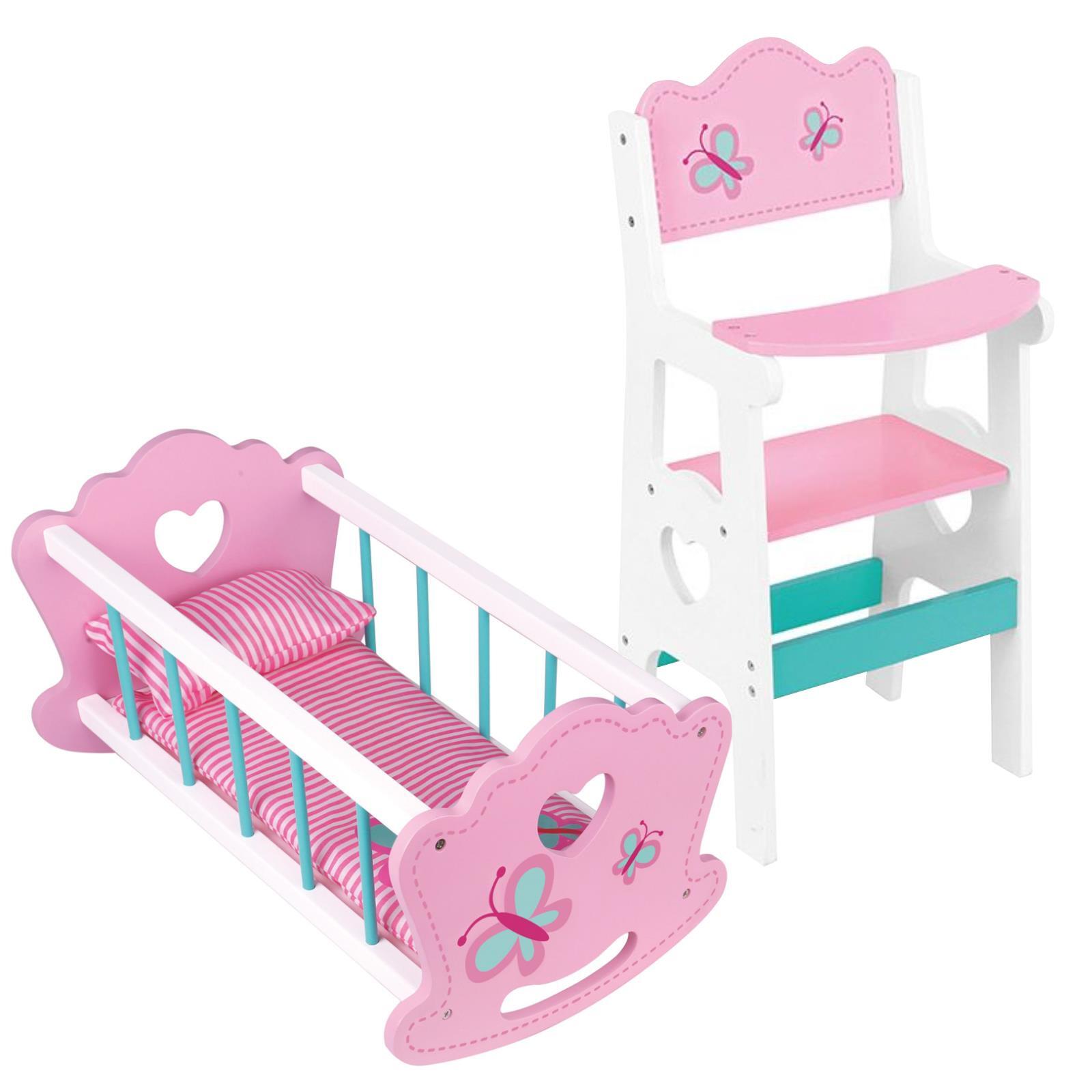Kids Wooden High Chair & Cradle Bed Set for 43cm Doll Childrens Role Play Set