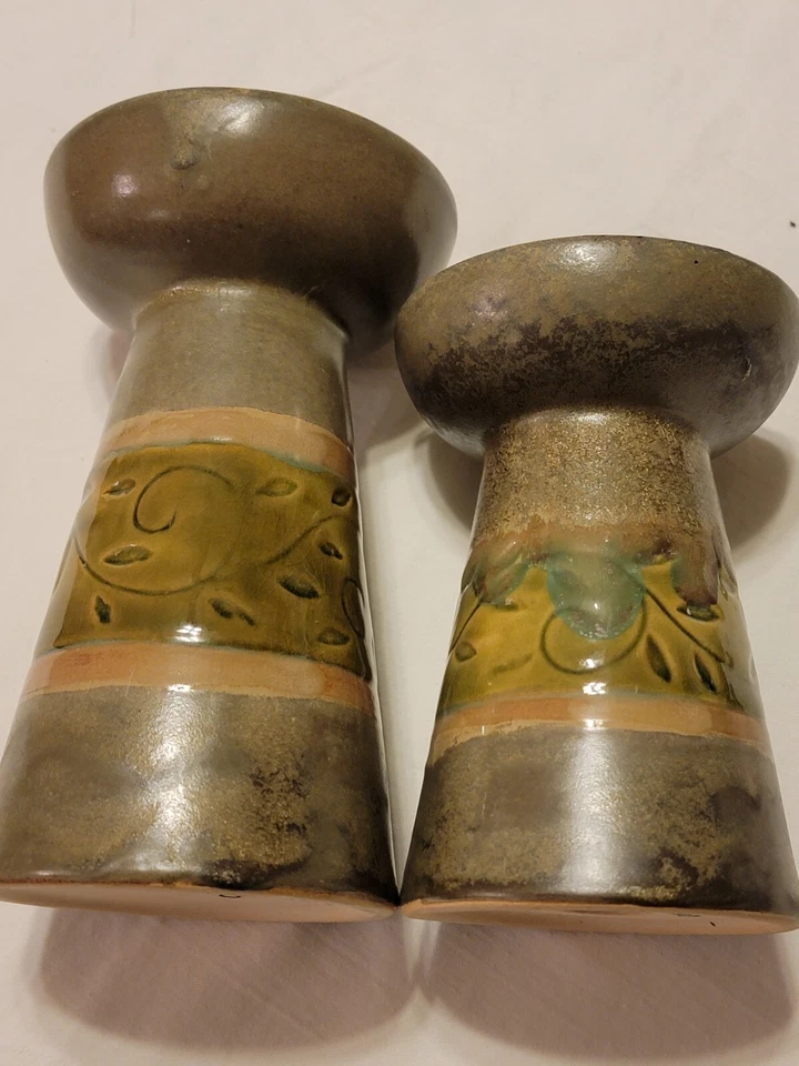 MCM глазурованный коричневый зеленый керамический столб свечи стойки стояки комплект из 2 коттедж - Изображение 3 из 4