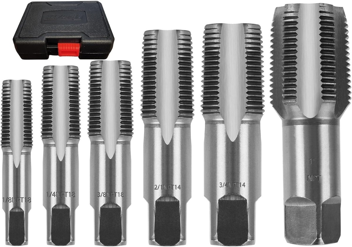 5-Piece NPT Pipe Tap Set – Sizes 1/8, 1/4, 3/8, 1/2, 3/4 Inch, Carbon Steel, Right-Hand Cutting, With Storage Case – For Plumbing & Mechanical Threading