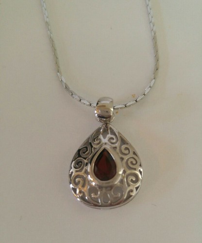 Damen Halskette silber mit Kunstgranat filigran Anhänger flache Kette 22 Zoll Neu - Bild 5 von 8