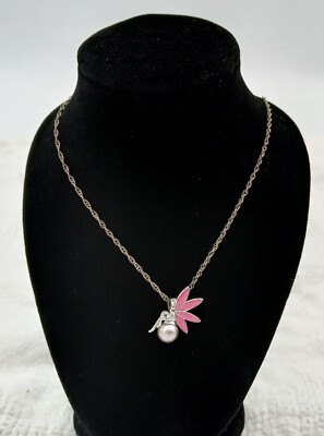 Vantel Pearls 925 Pixie Dust Necklace White Pearl Pink Wings 15'' Chain Girls 