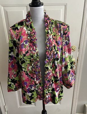 Ruffle Blazer LAVENDER & HONEY Pink Green 3/4 Sleeve Open Jacket Women's Large