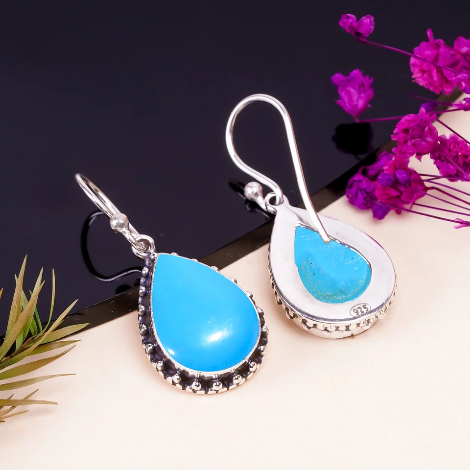 Sleeping Beauty Turquoise Gemstone 925 Sterling Silver Earring, Anniversary Gift - Image 4 of 4