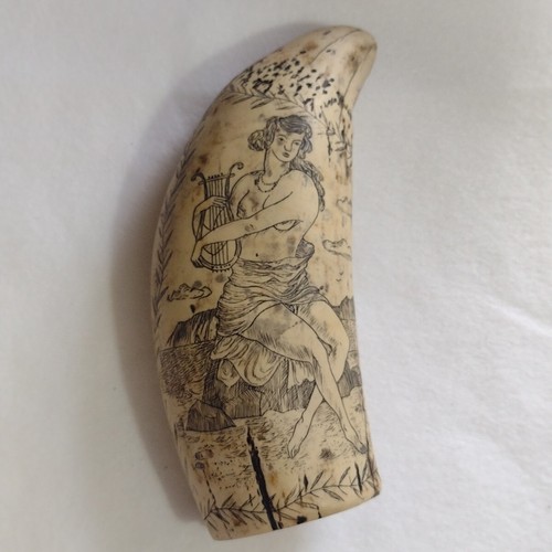 Schiffe Mercutor / Frauen mit Harfe, Scrimshaw Wal/Walross Zahn, 6 1/4" Replik - Bild 3 von 10