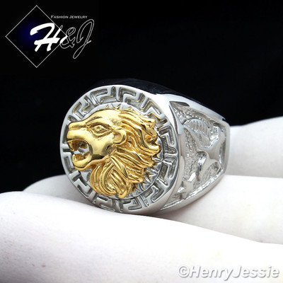 Assyrian Lion Ring: gold plated lion head with ruby mouth green tsavorite eyes - Fine Jewelry by