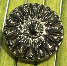 Antique Jet Black Glass Button Silver Luster Lacy Relief Tunnel Shank 5/8"