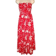 Old Navy Red White Floral Tropical Hawaiian Strapless Smocked Maxi Midi Dress M