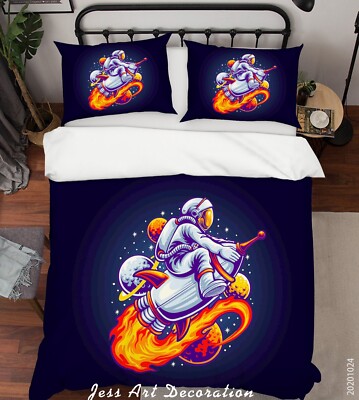 3D Astronaut Rocket Illustration Quilt Cover Set Bedding Sets Pillowcases Queen