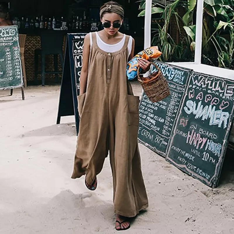 Amazon.com: Bianstore Womens Loose Cotton Linen Bib Overalls Wide Leg Baggy  Jumpsuits with Pockets(Brown-S) : Clothing, Shoes & Jewelry