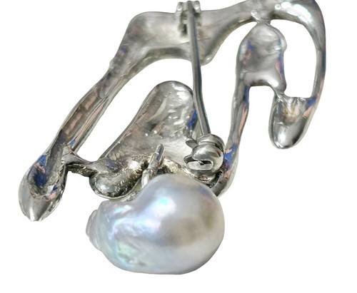 Sterling Silver Artisan Baroque Pearl Modernist Freeform Swirl Dangle Brooch - Picture 6 of 18