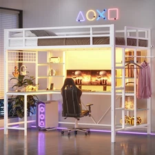 Twin Size Loft Bed with Desk Metal Loft Bed with Storage Shelves & Clothing Rail