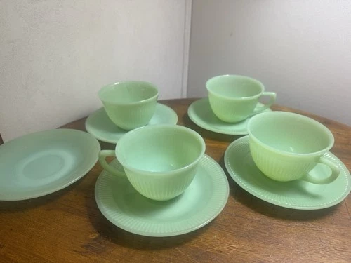 Vintage Fire-King Jadeite Jane Ray Cup & 4 Ribbed Saucers Set Anchor Hocking MCM
