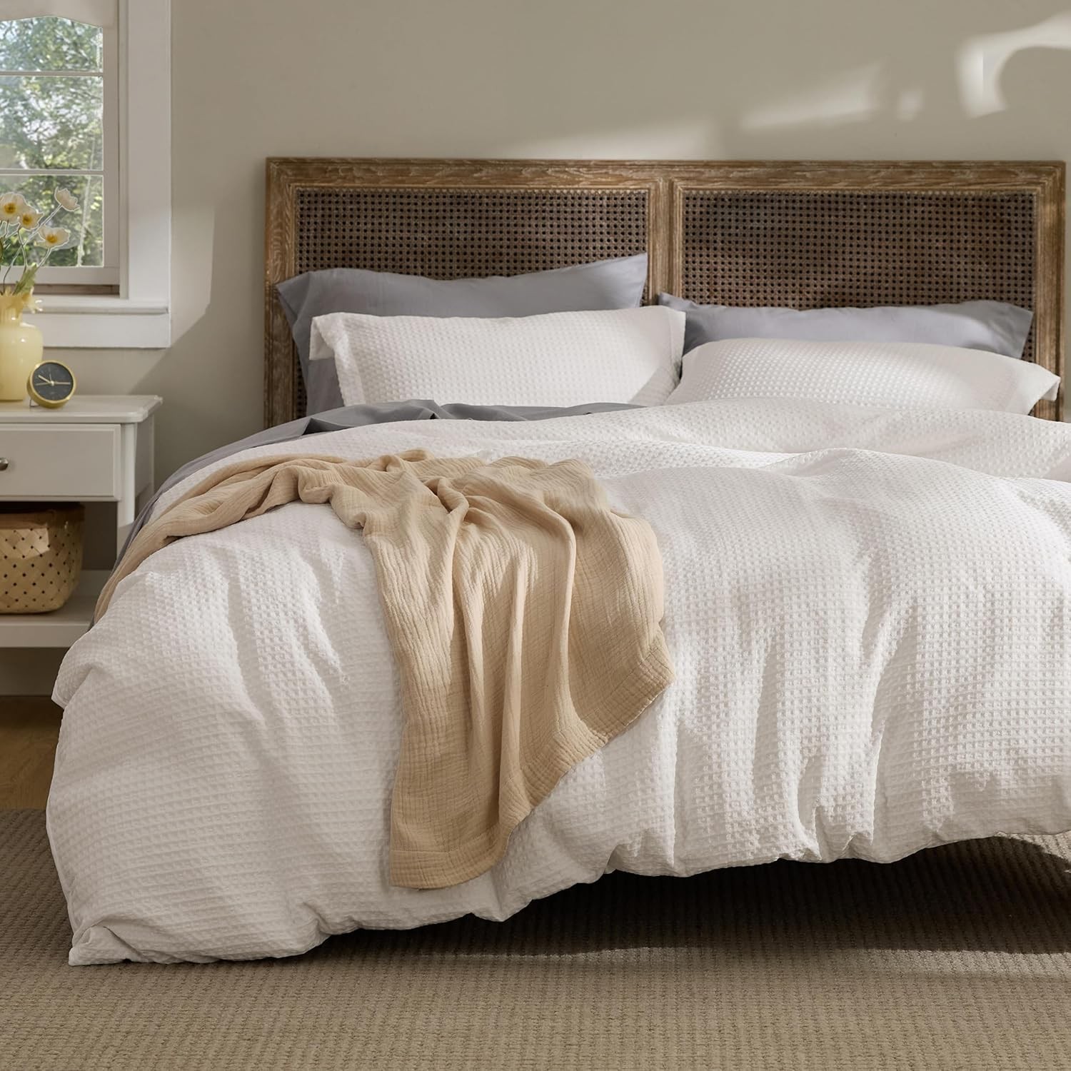 Ivory White Waffle Duvet Cover King Size, Luxury, Soft & Breathable Comforter