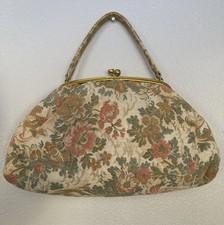 Vintage Tapestry Handbag Beige Multi-Color Floral Design Faux Leather Lining