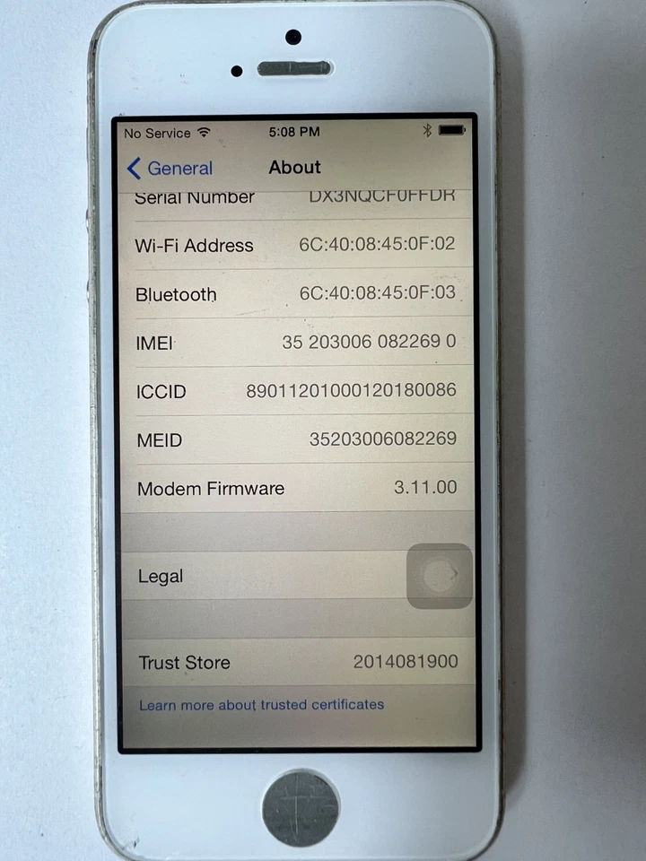 Apple iPhone 5s 16GB Blanco Modelo A1453 ME352LL/A Sprint iOS 8.1 ¡Mal botón de inicio! Foto 3 de 4