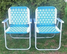 Pair Vintage Macrame Woven Seat Aluminum Lawn Chairs Geometric Pattern