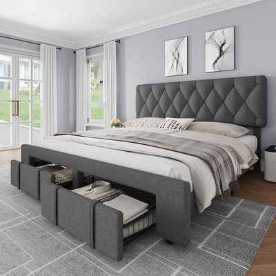 Full Queen King Size Bed Frame Upholstered Headboard Platform w/ Storage Drawers