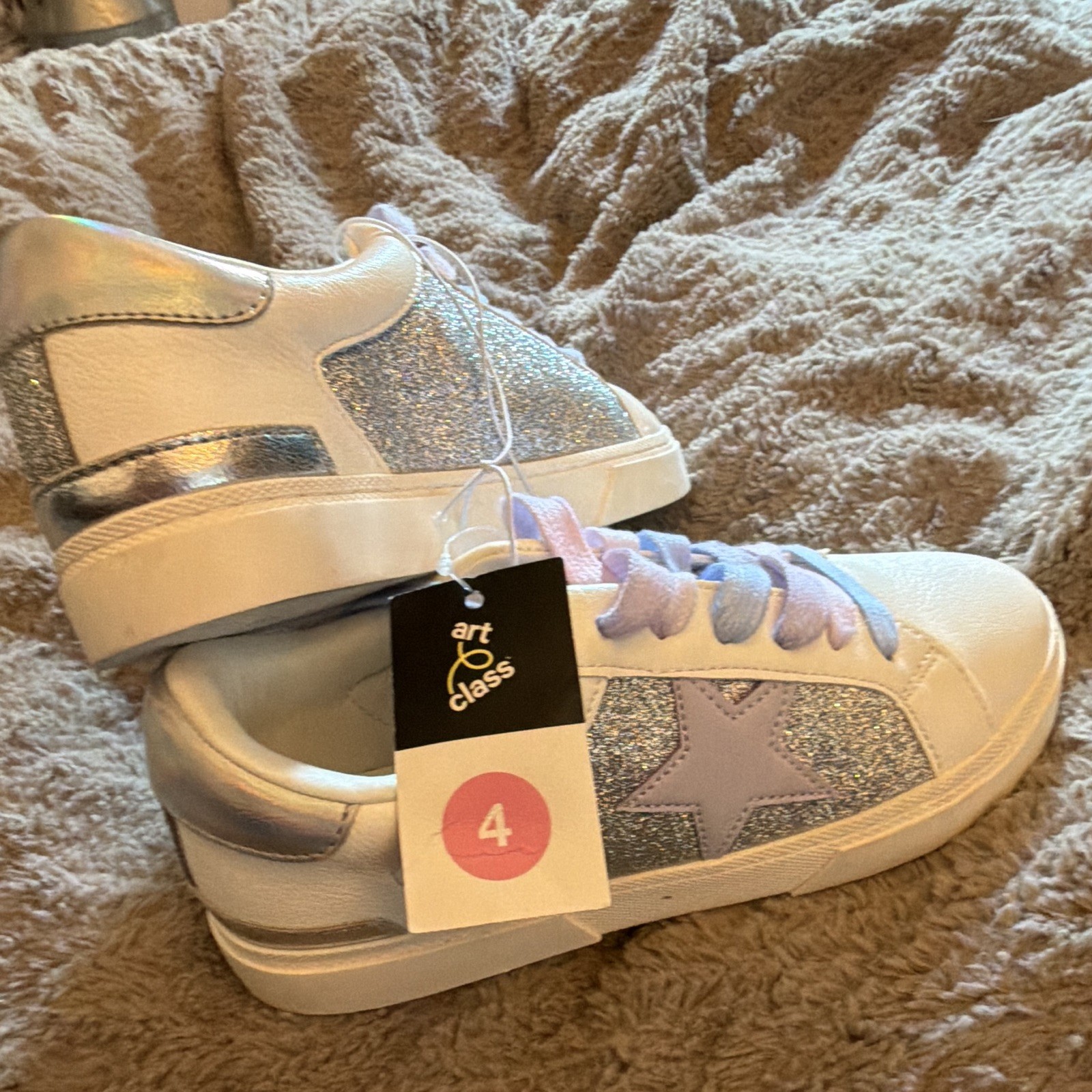 Art Class Unisex Kids Low Top Glitter Star Sneakers White/Silver/Purple Size 4