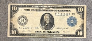 1914 $10 Federal Reserve Note Large Size Minneapolis IL FINE CONDITION