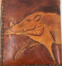 VTG Mexican Hand Tooled Wild Boar Brown Leather Bifold Wallet w/8 Compartments