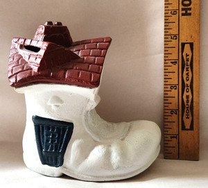 Vintage "Old Lady Who Lived in a Shoe" Metal Bank 6" Painted  Missing Stopper
