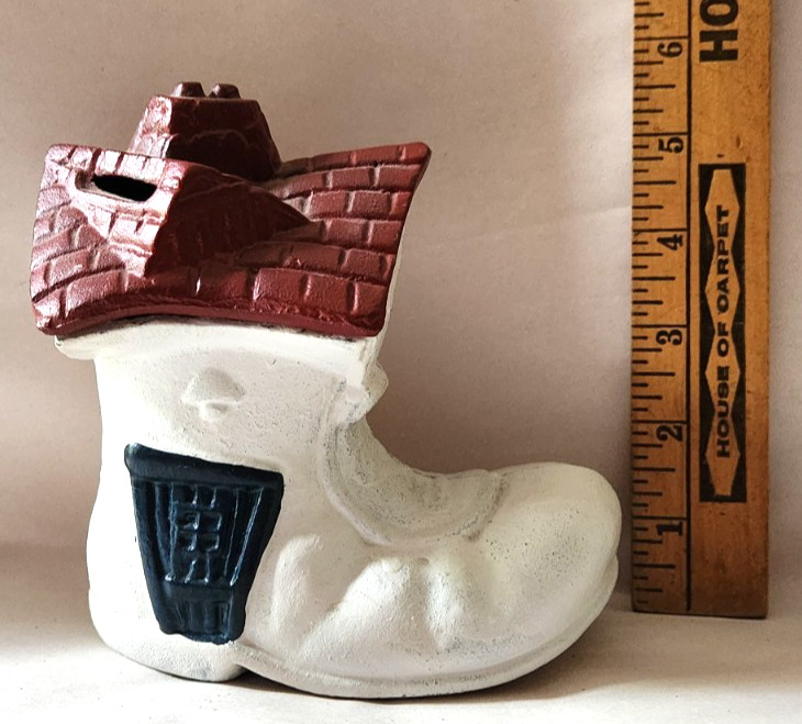 Vintage "Old Lady Who Lived in a Shoe" Metal Bank 6" Painted  Missing Stopper