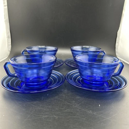 Cobalt Blue Hazel Atlas Moderntone Teacups & Saucers Depression Glass Set of 4