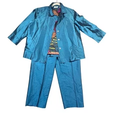 Valerie Stevens Separates Silk Pant Suit Set Floral Tank Teal Blue M Cropped Leg