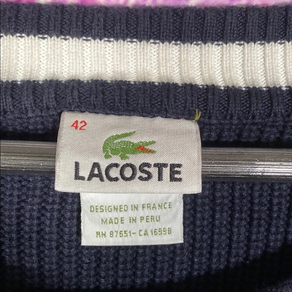 Lacoste Ribbed Knit Pullover Sweater Women’s 42 M Navy Cotton Long Sleeve Top - Image 2 of 4