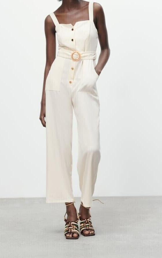NWT ZARA WOMEN'S LONG BELTED JUMPSUIT ECRU SIZE S 2157/030
