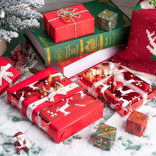 Reversible Christmas Wrapping Paper Mini Roll 17 Inch X 33 Feet Red Reindeer Wit - Picture 6 of 7