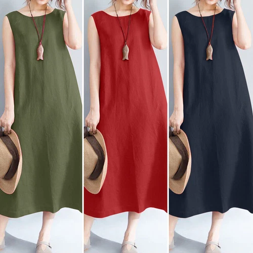 Langes ärmelloses Baumwoll-Leinen-Damenkleid Sommer Strand Freizeit Kaftan Kleid - Bild 5 von 17
