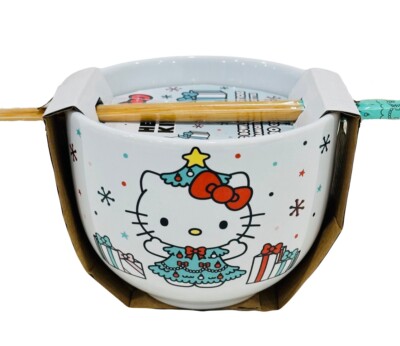 Hello Kitty Christmas Ramen Noodle Ceramic Bowl With Chopsticks