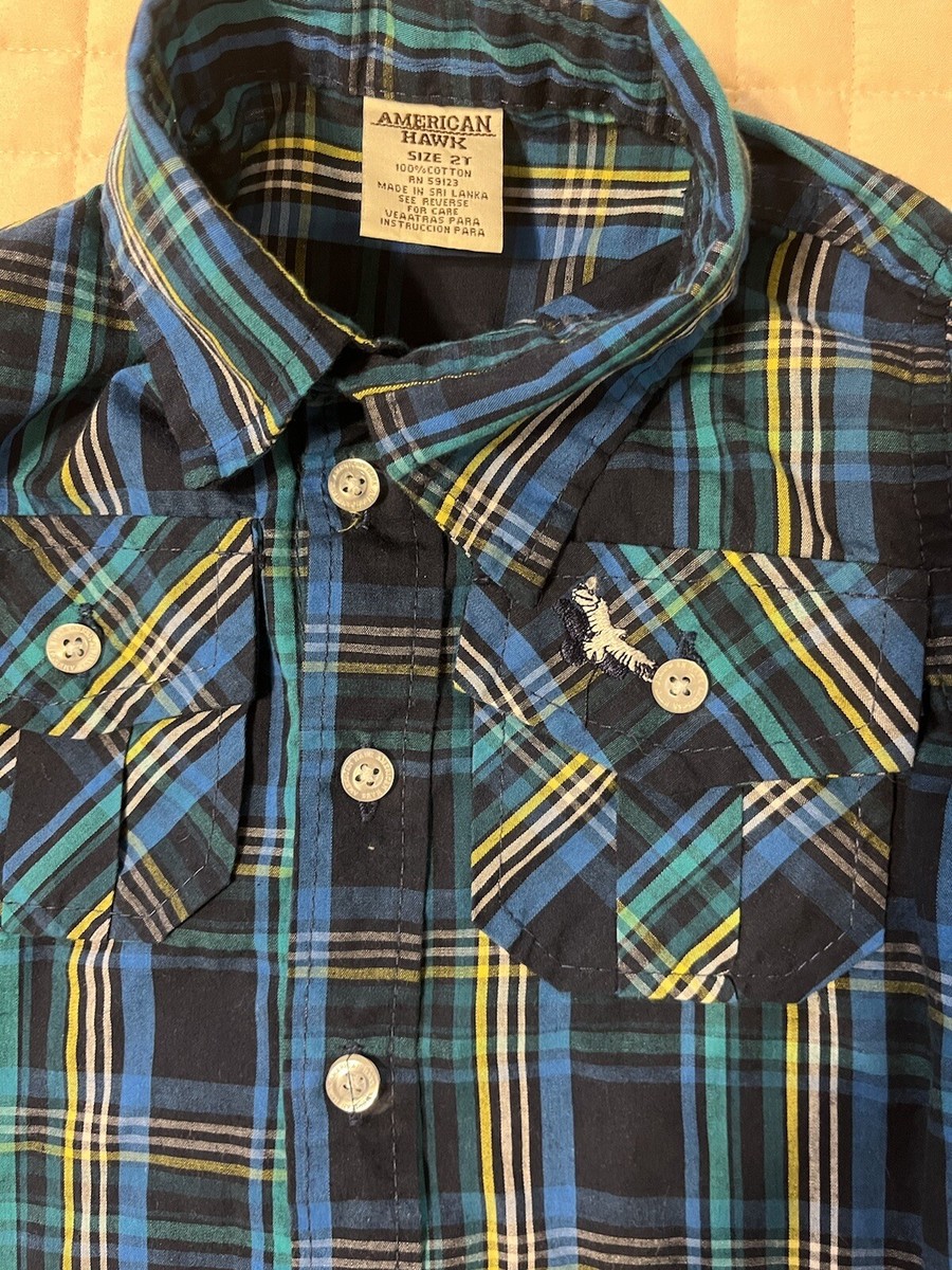 ③ American Hawk Boys 2T Plaid Button Up Tab Sleeves Pockets Shirt | eBay