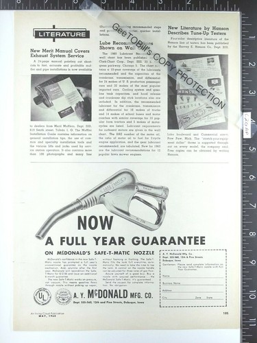1961 McDonald safe-t-matic PL 238 Gas Gasoline pump nozzle advertisement