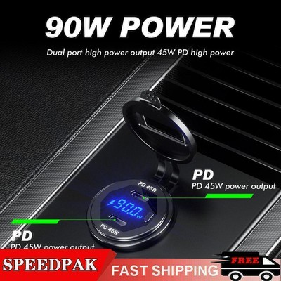 QC 3.0 USB + PD 12v/24v Dual Type-C Fast Car Charger Power Socket Outlet F6F7