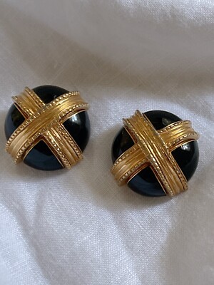 Vintage Ciner Gold Tone Black Enamel Clip On Earrings