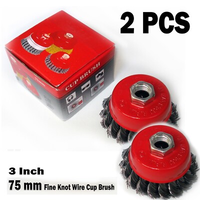 2 PCS Heavy Duty 3'' 5/8''-11 Thread Knotted Type Crimp Twisted Wire Cup Brush
