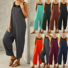 Womens Cotton Linen Strappy Jumpsuit Dungarees Baggy Overall Trouser With Pocket