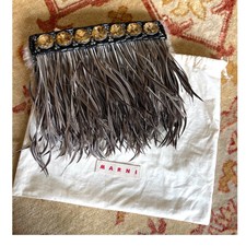 Marni Designer Genuine Feather & Fur Pochette Beads Crystals Leather Wristlet