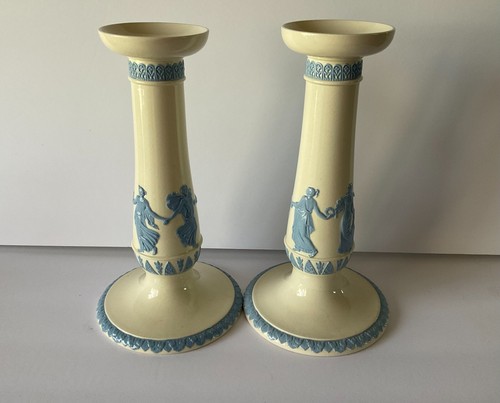 c1863 Pair Wedgwood Etruria 9 5/8" Candlesticks England Dancing Hours htf